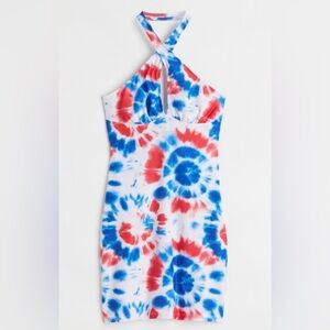 H&M Red, Blue & White Tie-Dye Halter Bodycon Dress